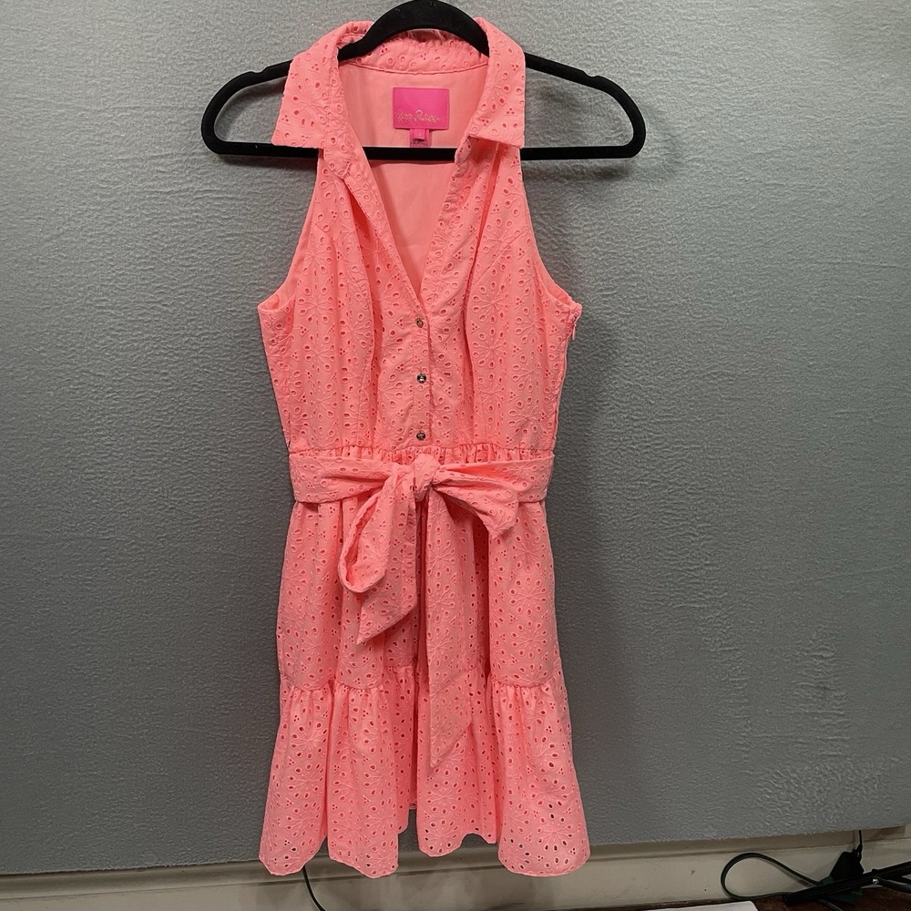 Lilly Pulitzer Dress Women 4 Trisha Eyelet Lined Coral Tie Pocket Work Party